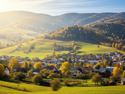 Aerial view of a picturesque village nestled in a lush green valley surrounded by rolling hills - Powered by Adobe