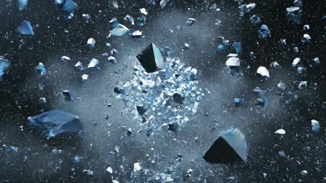 Extremely slow motion destruction and fragmentation of a delicate crystalline geometric structure representing shattered boundaries and data vulnerability powerless, crumbling, risk
