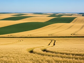 Aerial view of vast agricultural fields with rolling hills and green patches