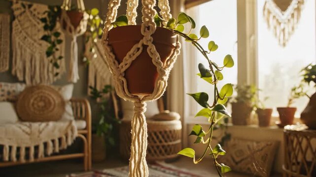 Extremely slow motion detail of hanging macrame swaying gently near a window inside a tastefully decorated bohemian styled house comfort, looping background, abstract motion