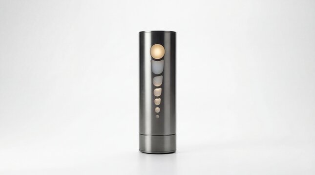 Sleek Metallic Cylinder Sculpture with Graduated Glowing Lights Showing a Phase Transition