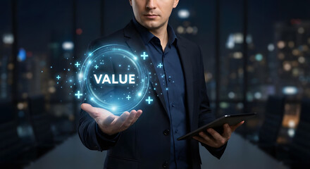 Businessman presenting value concept with tablet