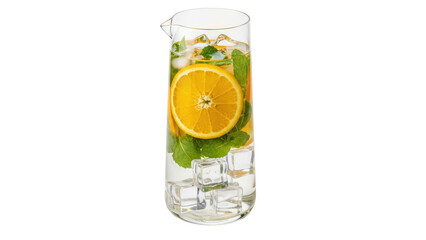 Isolated summer refreshment in tall glass pitcher featuring orange slices and mint leaves © Eva