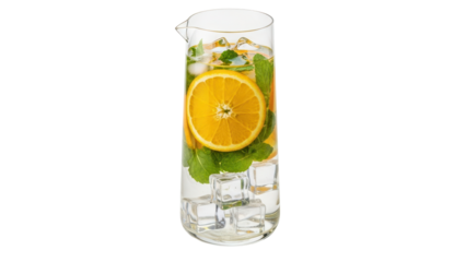 Isolated summer refreshment in tall glass pitcher featuring orange slices and mint leaves