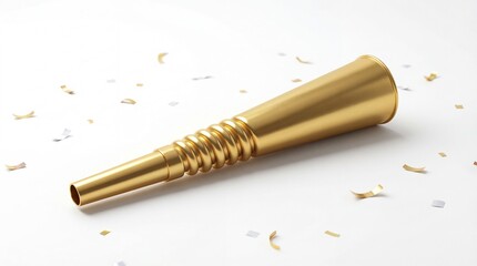 Shiny Gold Party Horn Noisemaker with Scattered Metallic Confetti on a Minimalist White Base