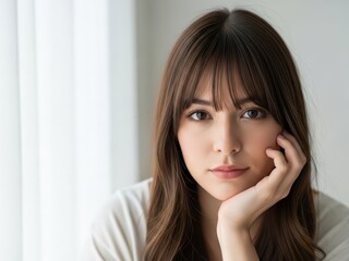 Fototapeta premium Portrait of a young woman with bangs looking at the camera with a neutral expression