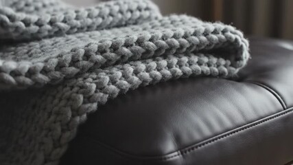 Extremely slow motion detail shot of a knitted gray throw blanket softly settling onto the dark supple surface of an elegant modern leather ottoman furniture, speed, settling