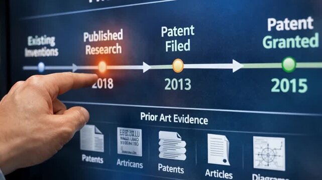 legal intellectual property trial concept. Interactive patent timeline highlighting key dates and events.