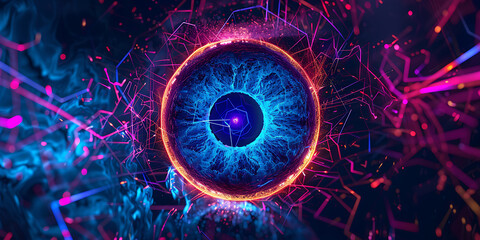 "Futuristic Eye with Glowing Blue and Pink Hues and Electric Lines"