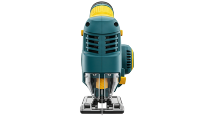 Isolated teal and yellow jigsaw tool. Power tool for cutting wood, metal, or plastic