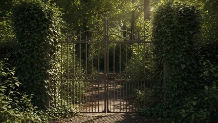 緑豊かな庭の鉄の門、穏やかな雰囲気