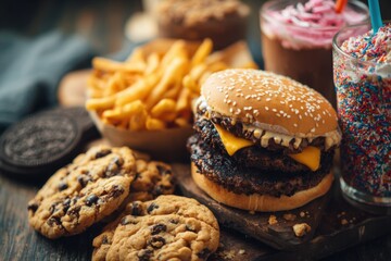 Closeup view of a tasty assortment of burgers, fries, cookies, and milkshakes set in a cozy dining spot during a late afternoon gathering