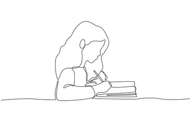 Continuous one line drawing of girl writing in homework notebook, symbolizing concentration, learning, and education, single line art.