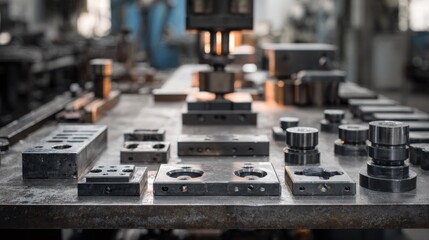 Medium shot of a forging setup with various prototype versions on a table emphasizing fast experimentation and testing in rapid prototyping.