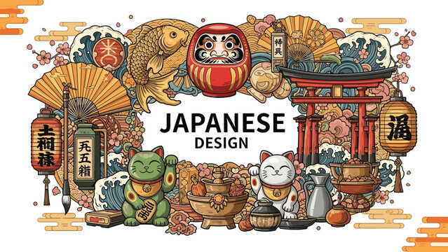 Japanese Culture Illustration &ndash; Hand Drawn Vintage Design with Daruma Doll Torii Gate Maneki Neko and Traditional Symbols