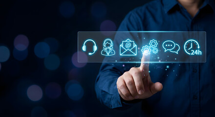 man touching virtual interface with icons