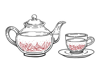 Tea set with healthy green tea, hibiscus. Teapot and cup. Hand drawn vector illustration.