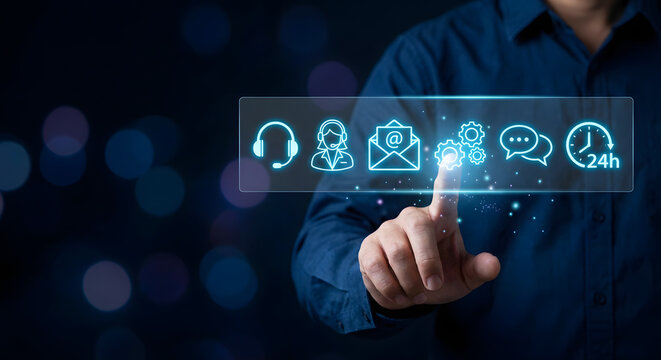 man touching virtual interface with icons - Powered by Adobe