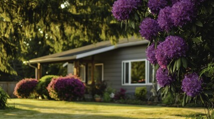 Fototapeta premium A cozy house surrounded by blooming purple hydrangeas in a lush garden setting.