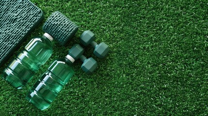 On the background of artificial grass, a pair of dumbbells and a bottle of water. The concept of a healthy lifestyle and sports.