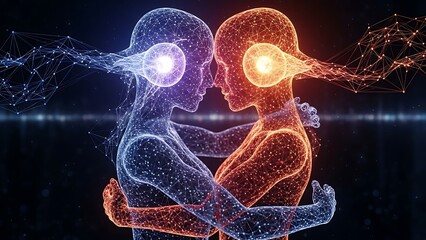 Vibrant digital art of two glowing human figures embracing