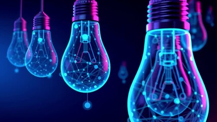 Electric hanging light bulb bright polygonal connections on a dark blue background. Technology concept innovation artificial intelligence brainstorming business success. - Powered by Adobe