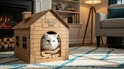 Adorable White Cat Snuggling in a Cozy Cardboard House near a Warm Fireplace, Creating a Purr-fect