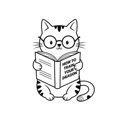 Vector illustration of a doodle cat reading the book "How to Train Your Dragon" on a white background.
