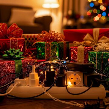 Electrical fire caused by overloaded power strip with Christmas lights and gifts, safety hazard for holiday decoration.