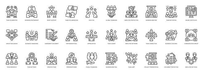 Business partnership icon collection line style. containing Team Celebration, Business partnership, Heart Support, Team Collaboration, Teamwork, Global Teamwork, Employee Protection