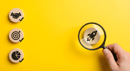 business strategy and goals concept with magnifying glass