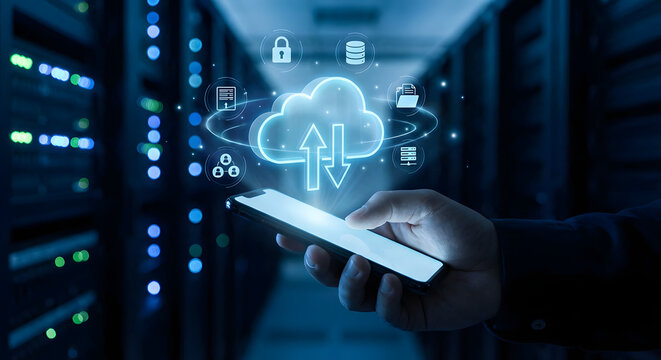 Cloud computing concept with hand holding smartphone - Powered by Adobe