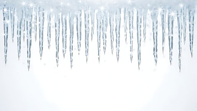 Translucent icicles hang, sparkling with light, against a softly lit white background, suggesting frost and cold