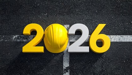 Modern construction timeline with 2026 and hard hat on asphalt road background