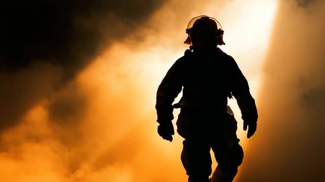 Brave firefighter silhouette emerging from smoke