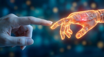 Human hand reaching out to digital robotic hand with glowing network