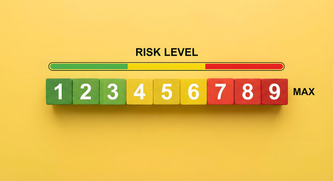 Risk level meter with numbers 1 to 9 on yellow background