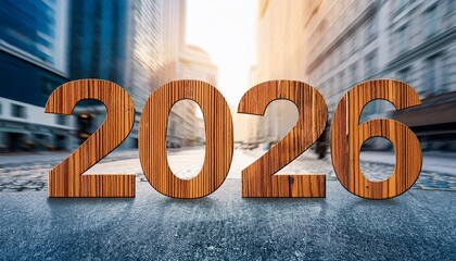 Wooden 2026 numbers on city street with modern buildings background
