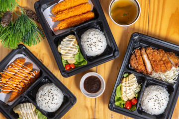 Japanese-style bento box, assorted items.