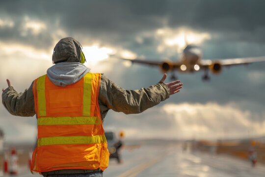 Homecoming scene with aviation marshaller directing arriving aircraft in cloudy weather