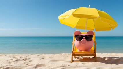 Piggy Bank with Sunglasses Relaxing on Beach Chair Under Umbrella for Vacation Savings Concept