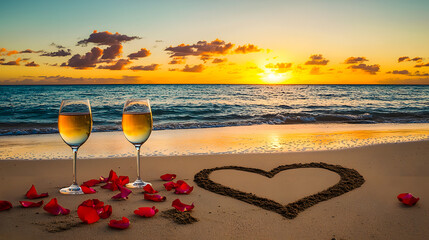 Two glasses of wine are placed next to a heart drawn in the sand and rose petals on the beach against the backdrop of the ocean and a warm sunset, creating a romantic atmosphere