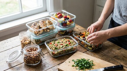 Modern Healthy Meal Prep with Glass Containers on Kitchen Table