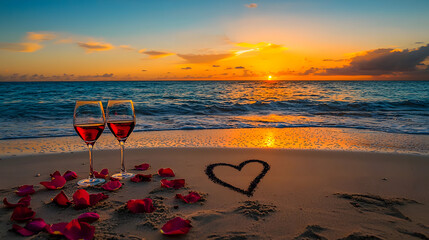 Two glasses of wine stand next to a heart drawn on the beach and rose petals against a backdrop of the ocean and a beautiful sunset
