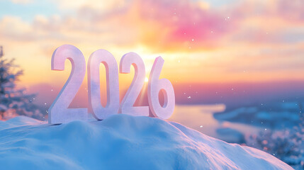 A large white number 2026 stands in a snowy meadow under the bright winter sun, creating a clean, minimalist scene associated with renewal, future plans, and the beginning of the year