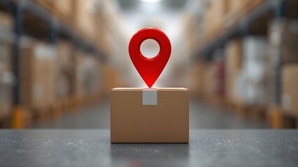 Cardboard Box with Red Location Pin for Package Tracking and Delivery Logistics Concept