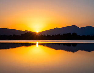 Obraz premium Peaceful lake surface reflecting the golden sunset sky and mountain silhouettes. Generative AI