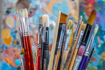 Fototapeta premium Old used brushes in an artist's studio