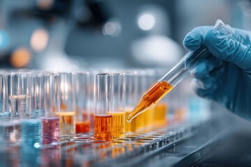 Scientists work on biotechnology research in laboratory with test tubes and colorful liquid samples