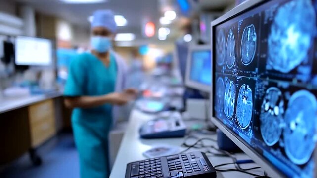 Medical professional reviews brain scans on computer monitor in hospital operating room.